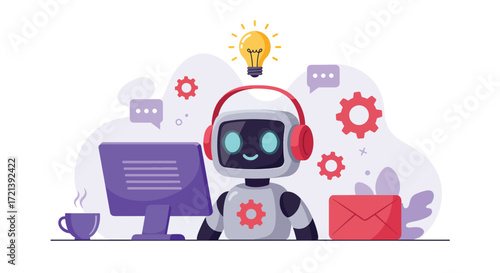 Friendly robot with headphones and computer representing AI customer service.