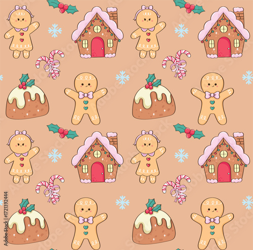 Gingerbread Man Woman House and Christmas Pudding Seamless Pattern
