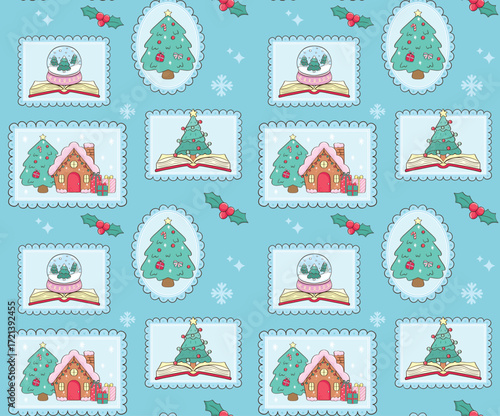 Christmas Tree Snow Globe and House with Holly Seamless Pattern