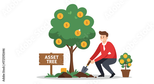 Man Cultivating a Fruiting Asset Tree with Gold Coins.