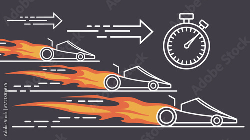 Three race cars with flames and arrows next to a stopwatch on a dark gray colored background image