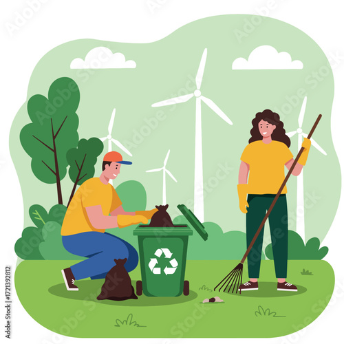 People cleaning up environment with recycling bin and wind turbines.