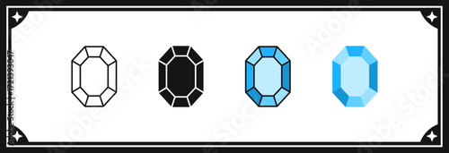 Radiant diamond gem jewel gemstone line icons vector set