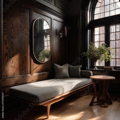A sun-drenched, sophisticated sitting area with dark wooden paneling, a chaise lounge, and an oval mirror.