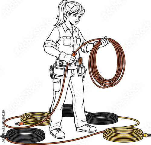 A woman in work attire holding an electrical cable, with other cables on the ground.