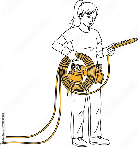 Woman holding a coiled electrical cable with tools on a tool belt.