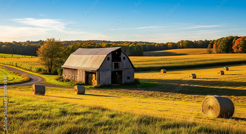 Obraz premium Rustic barn in a golden field with hay bales under a blue sky