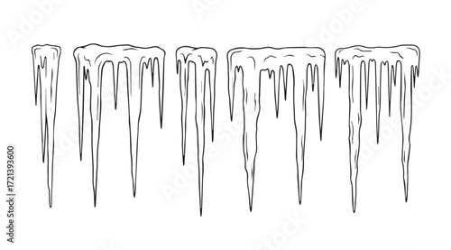 Row of sharp icicles hanging down in a stark silhouette against a white background