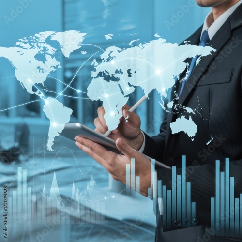 Global Business Operations: A focused business professional navigates the complexities of global commerce, seamlessly connecting through modern technology and strategic data analysis.