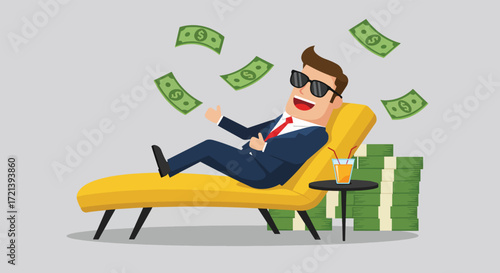 Wealthy Businessman Relaxing on a Couch Amidst Falling Money.