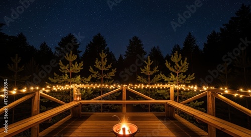 Cozy outdoor deck at night with glowing string lights  