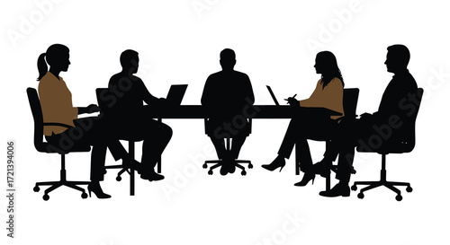 Silhouettes of people seated around a conference table in a meeting