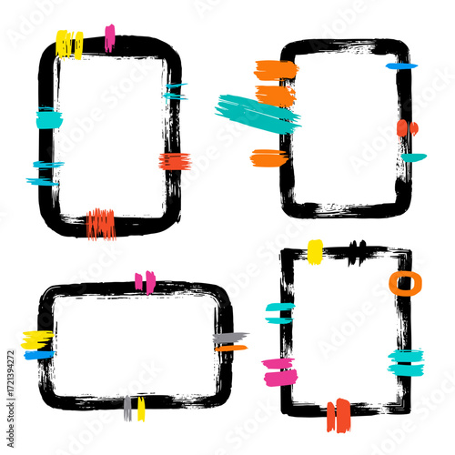 Four abstract brush stroke frames with colorful accents and distressed edges.