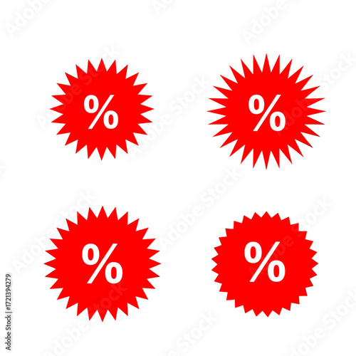 Four red burst shapes with a percentage symbol in the center indicating a discount or sale.