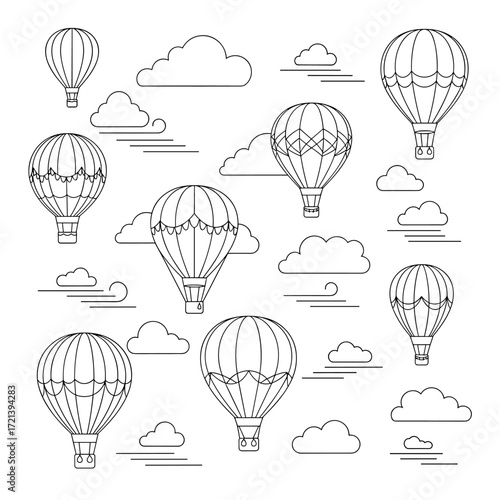 Collection of vintage hot air balloons ascending through fluffy clouds and wispy atmospheric trails on a clear day.