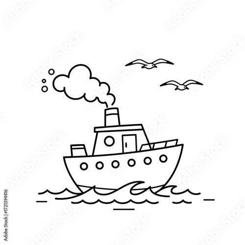 A simple drawing of a steamship sailing on the ocean with two seagulls flying above.