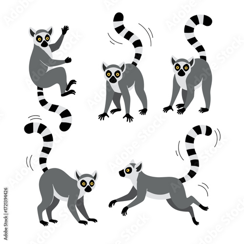 A collection of charming ring-tailed lemurs captured in various playful poses and dynamic movements.