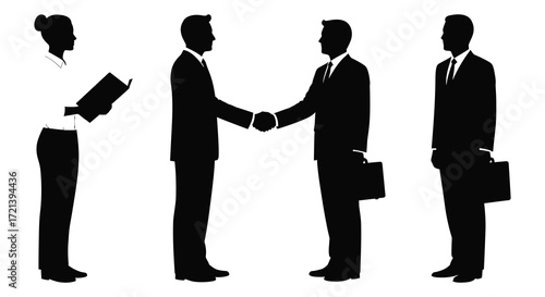 Business professionals in silhouette interacting including a handshake and note taking