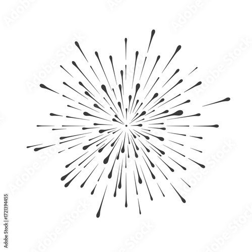 A starburst explosion of thin lines radiating from a central point creating a dynamic and energetic burst effect. This graphic evokes a sense of celebration or outward expansion.