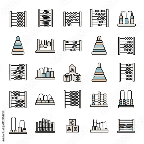 A collection of educational toys including abacus frames and stacking rings and blocks.