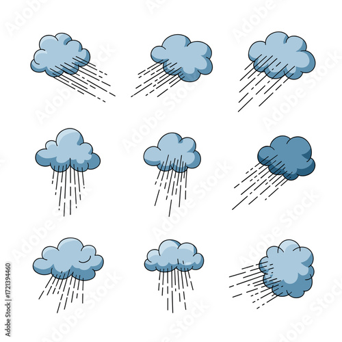 Collection of cartoon rain clouds with varying precipitation intensity and styles.