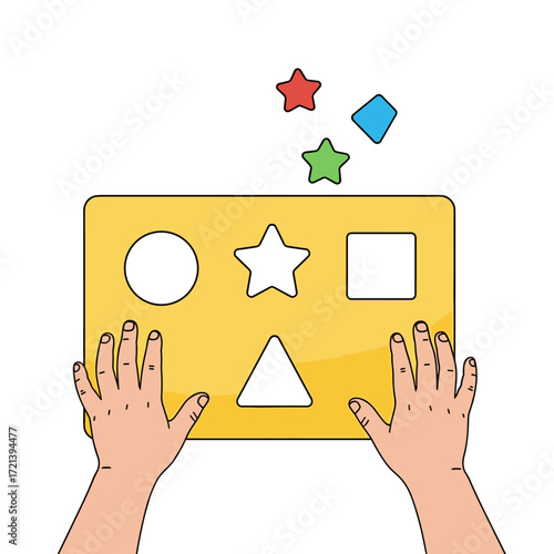 Hands interacting with a shape sorting toy to develop fine motor skills and shape recognition.