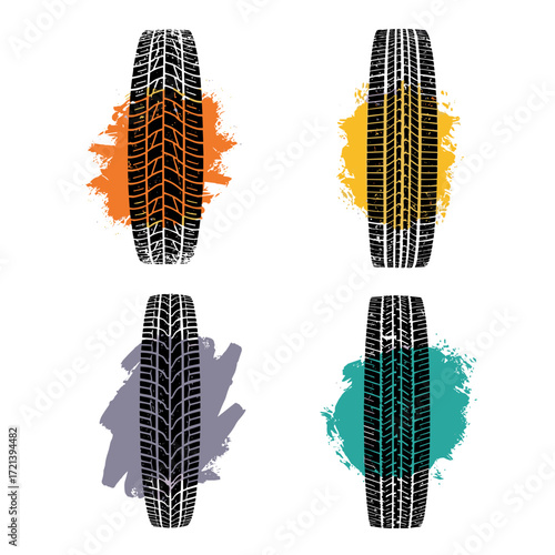 Set of four colorful tire tread marks with grunge effect backgrounds on white