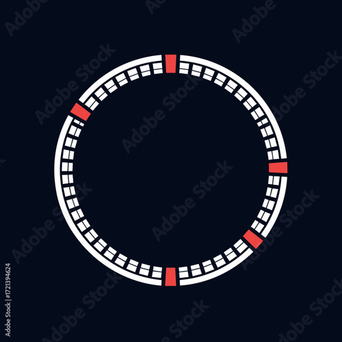 A minimalist circular progress indicator with segmented segments and red markers against a dark background.