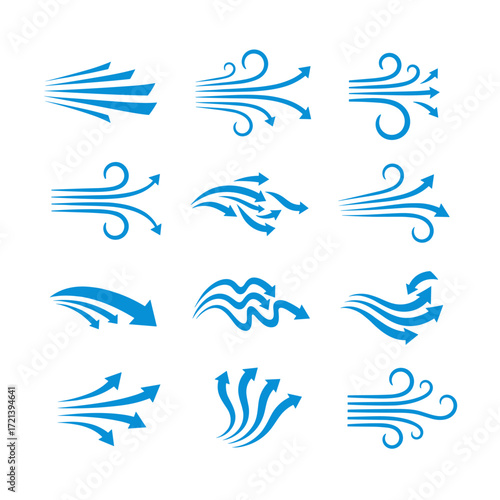 Collection of abstract blue arrows representing wind flow and direction.