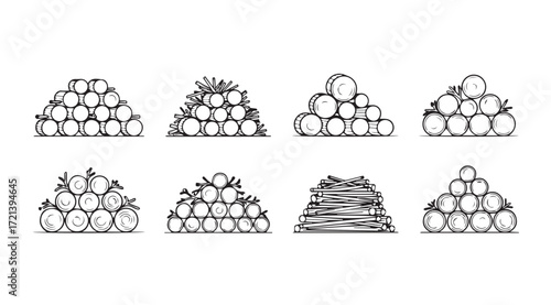 Collection of stacked logs and wood piles in a distinctive silhouette style