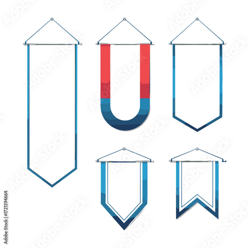 Collection of blank fabric banners and flags with blue and red accents for custom designs.