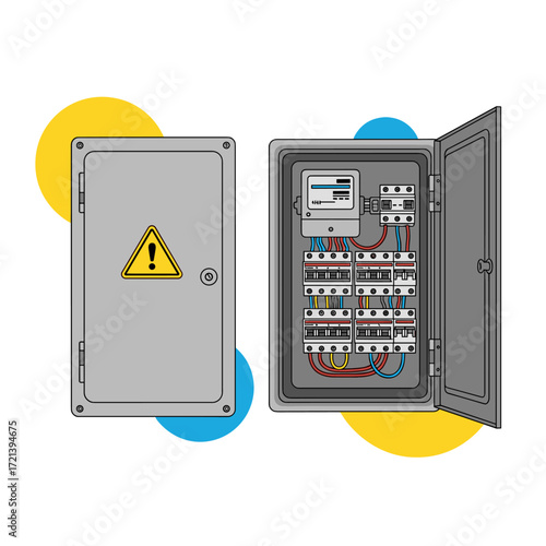 An illustration of an electrical distribution box showing the closed metal enclosure with a warning symbol and the open interior with a meter and circuit breakers.