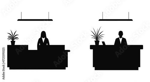 Silhouettes of receptionists working at desks in a modern office setting