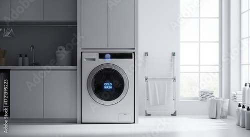 Modern washing machine in a bright laundry room setting  
