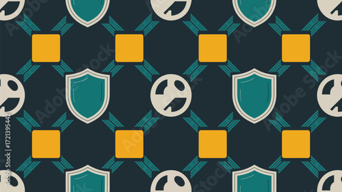 Geometric pattern with shields circles squares and intersecting lines creating a seamless design