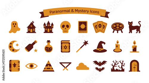 Flat 2026 paranormal and mystery icon set with ghosts, haunted houses, and occult symbols