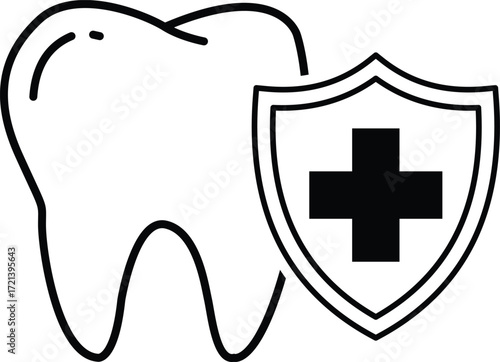 Vector art of a tooth with a shield and a cross symbol in an illustration. EPS-10.
