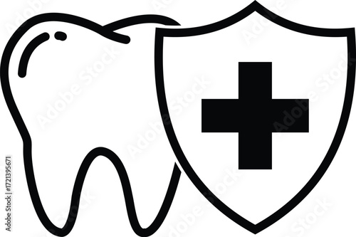 Vector art of a tooth protected by a shield with a medical cross in illustration. EPS-10.