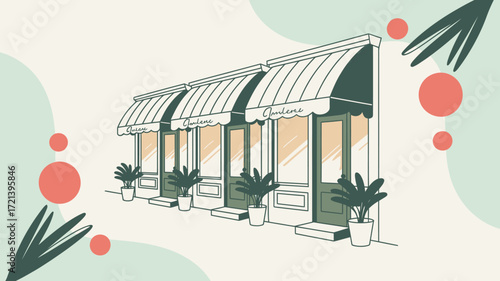 Illustrated storefronts with green awnings and potted plants in a whimsical pastel color scheme style