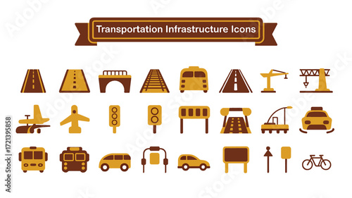 Flat 2026 transportation infrastructure icon set with roads, bridges, and transit symbols