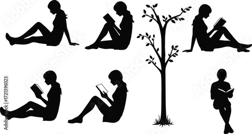 Silhouette of woman reading book, sitting outdoors, relaxing under tree, study time, leisure activity, literature, education, learning, peaceful moment