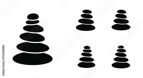 Simple black and white illustration depicting stacked stones in various formations