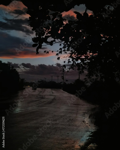 Dark road after rain with reflections on the wet surface, dramatic sunset sky with orange and purple clouds, and tree silhouettes in the foreground. Sunset Sky with Wet Road and Silhouettes