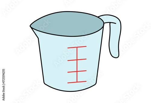 Measuring cup with handle and red scale lines illustration for cooking kitchen utensil design and recipe preparation graphics