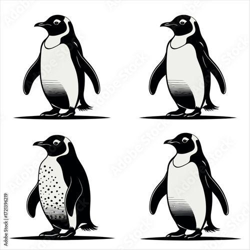 Vector art of four penguins in different poses, perfect for wildlife