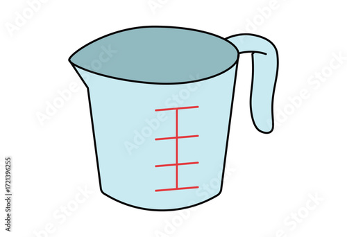 Measuring cup with handle and red scale lines illustration for cooking kitchen utensil design and recipe preparation graphics