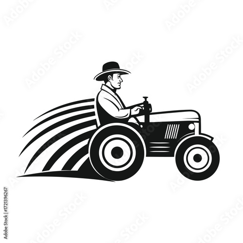 A farmer driving a vintage tractor isolated on white background, illustrating agricultural machinery and rural life in a retro and graphic style