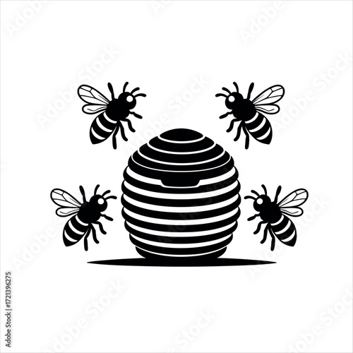 Vector art of a beehive with bees for honey production and pollination