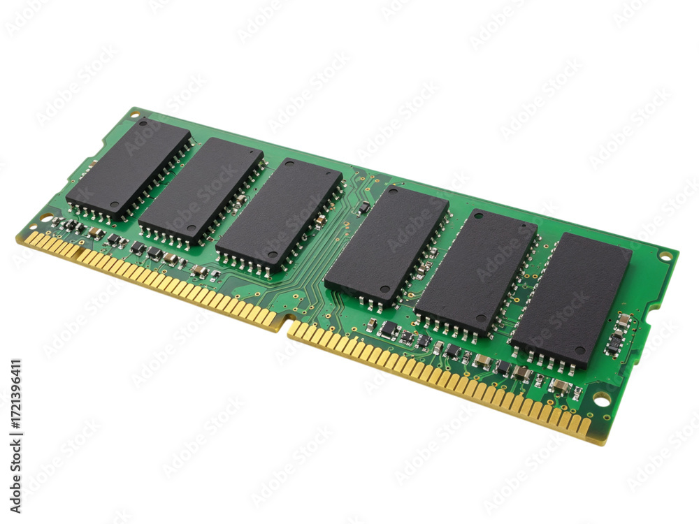 Close up of a computer ram module with black chips and green circuit board isolated on transparent background