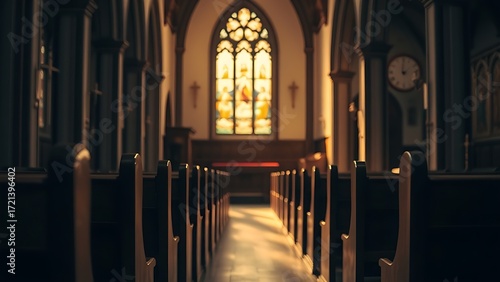 A serene church interior illuminated by stained glass, with empty wooden pews in focus.